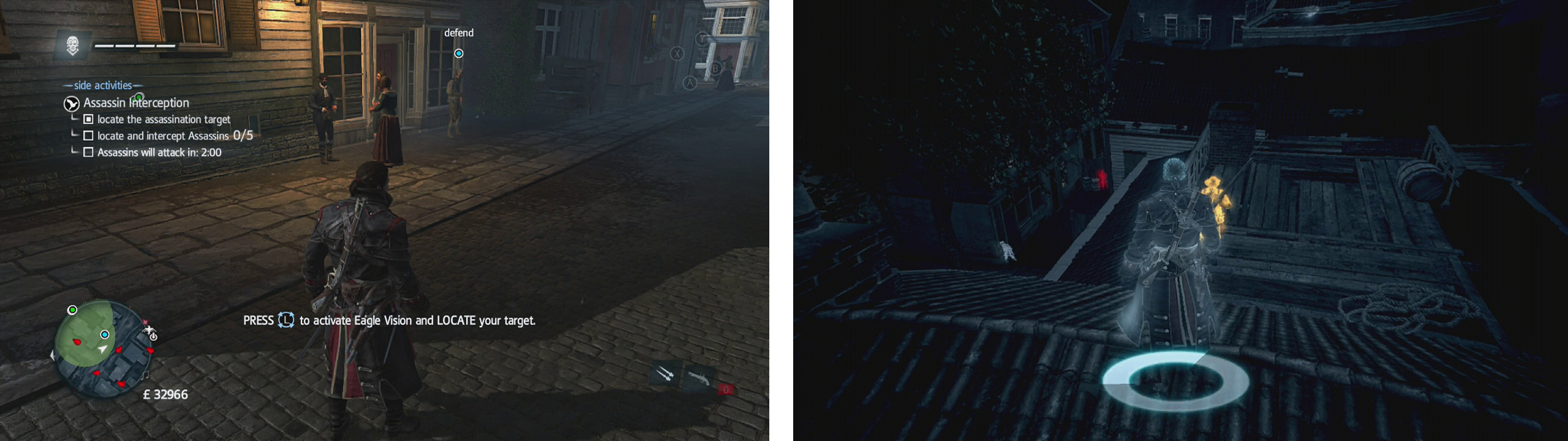 The target can be found along the main street (left). Two assassins are on the rooftops directly behind him (right).