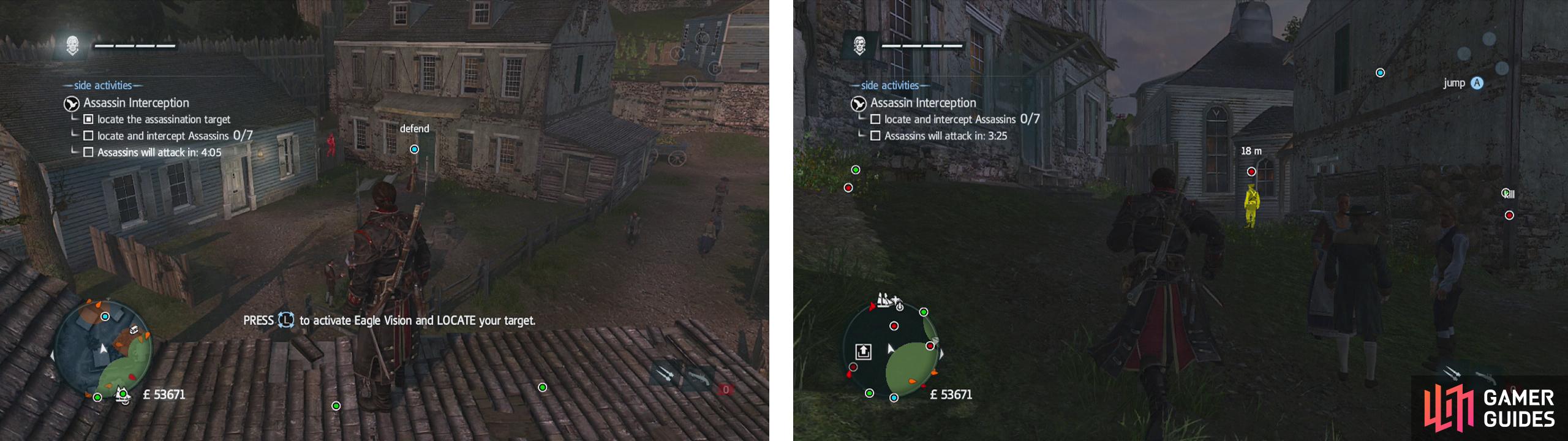 You can find the target in a fenced yard area (left), several of the assassins are hanging out around the viewpoint (right).