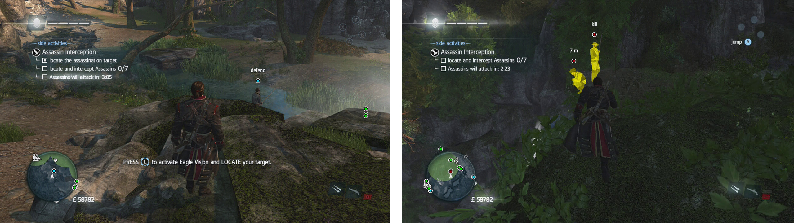 The target is fishing in the river (left). You can find a few assassins around the waterfall to the north (right).
