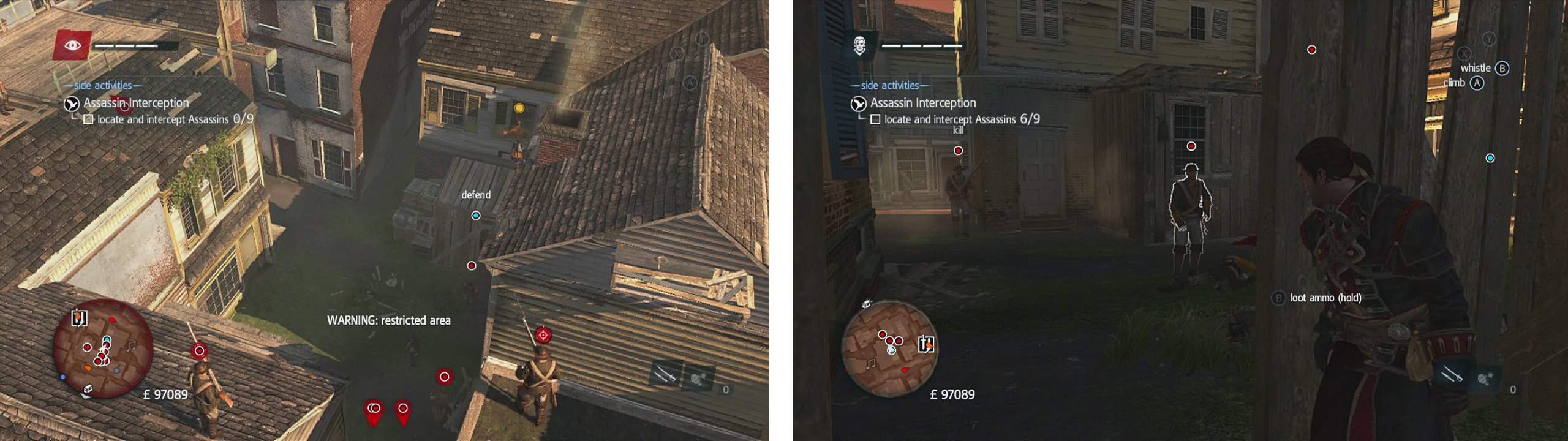 Once you reach the search area you'll be attacked (left). Once you kill all the ground based enemies, hide inside (right) to draw the snipers down.