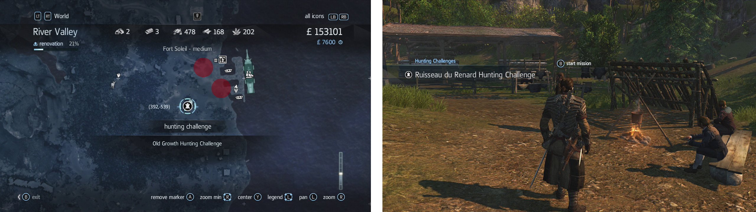 Hunting Challenges are marked by a animal hide icon on the map (left). Approach and talk to the huntern (right) to begin a challenge.