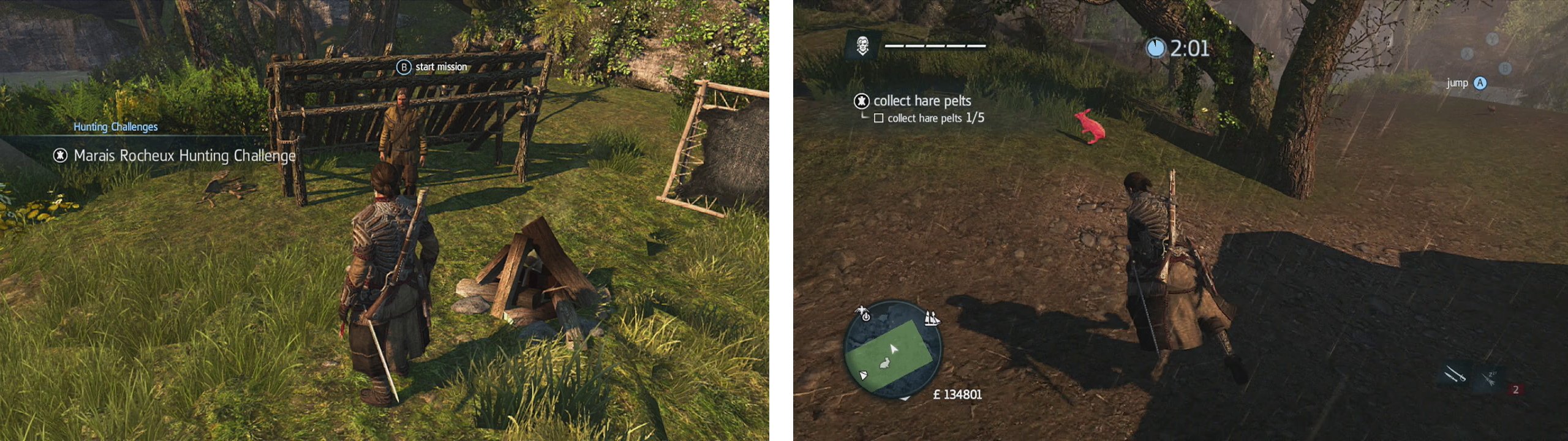 Approach the hunter to start the challenge (left). Chase after and use your hidden blades to kill the hares (right).