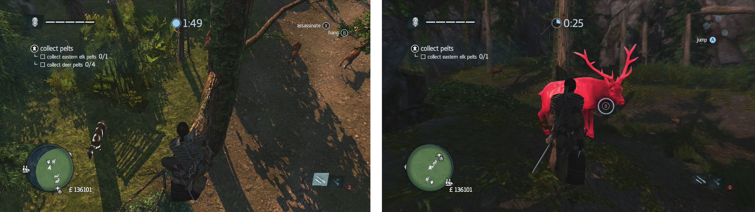 Use air assassinations or tranquilisers to take the deer down (left). Approach the elk to have it attack you, hit the button prompts to take it down (right).