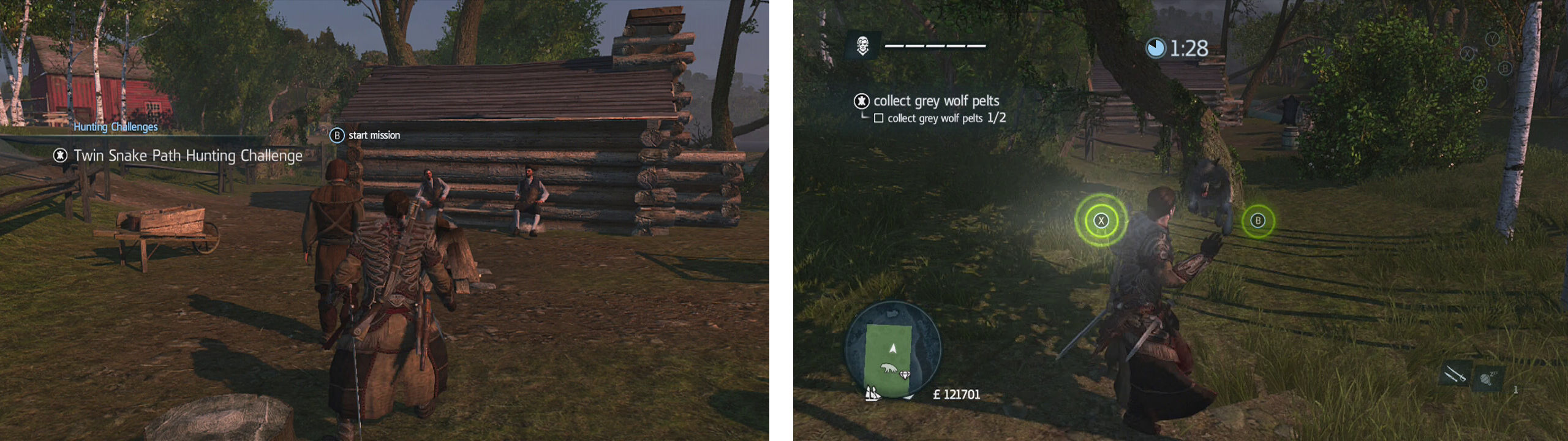 Approach the hunter to start the challenge (left). Approach wolves to have them attack you, press the buttons in sequence to kill them (right).