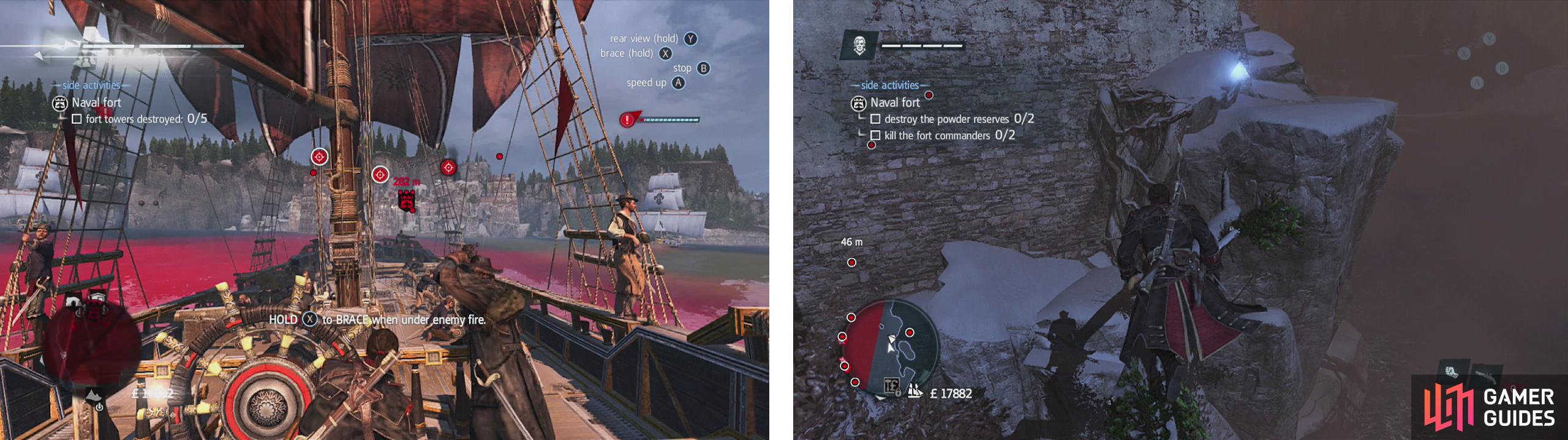 Instead of taking the fort head-on (left), draw the defending ships away. Once docked, use the tree-based pathway to the right of the gate (right) to enter the area sneakily.