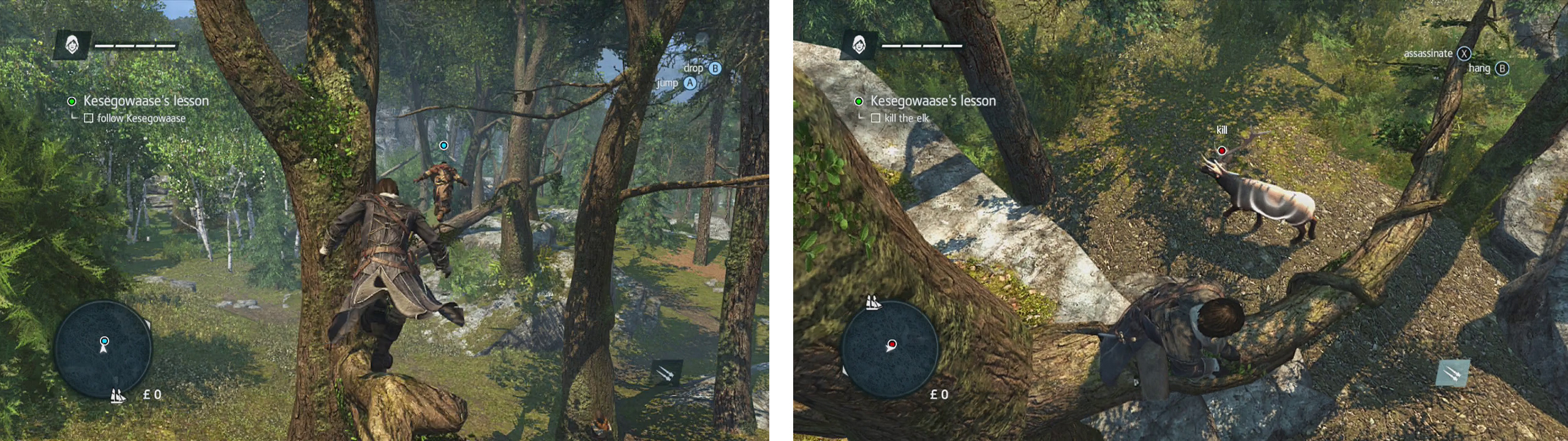 Follow Kesegowaase (left) until you reach the hunting area. Air assassinate the elk (right).