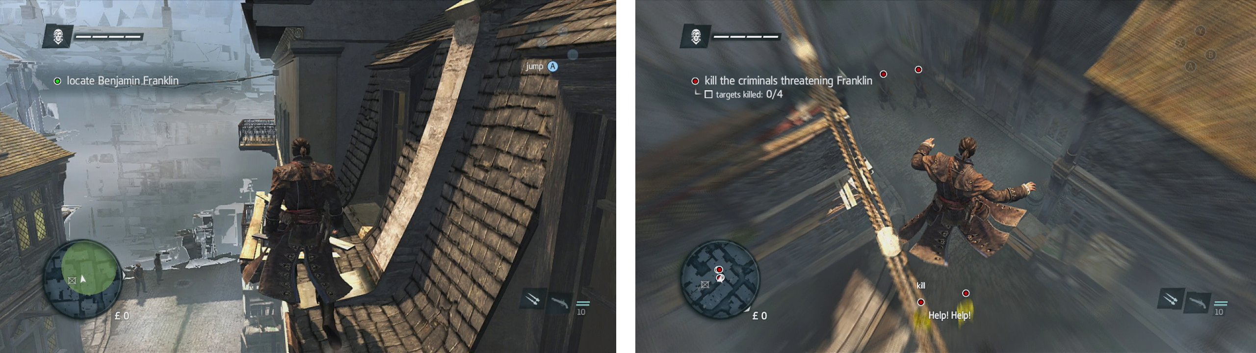 Use eagle vision from the rooftops to find the target (left). Drop down and kill the four criminals (right).