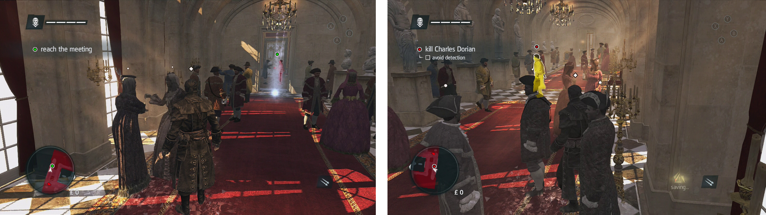 Go to the objective marker at the end of the hallway (left). Then use the crowds to sneak up and kill the target (right).