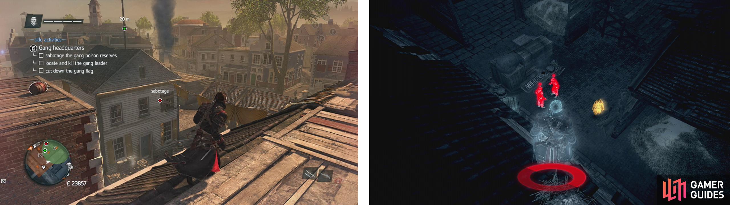 Knock out the snipers before approaching the building with the flag (left). From here look down to see the barrel we need to destroy and the captain (right).