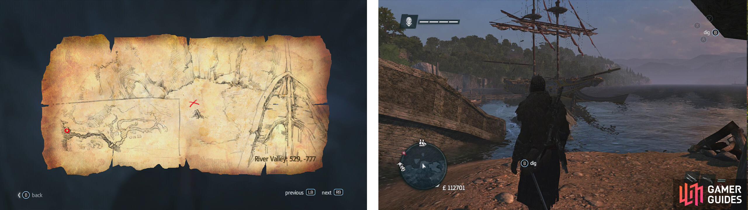Go to the co-ordinates on the map (left) and find the location drawn (right) to find a dig spot.
