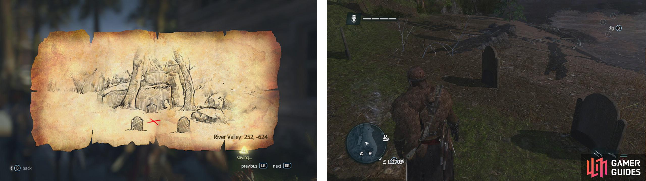 Go to the co-ordinates on the map (left) and find the location drawn (right) to find a dig spot.