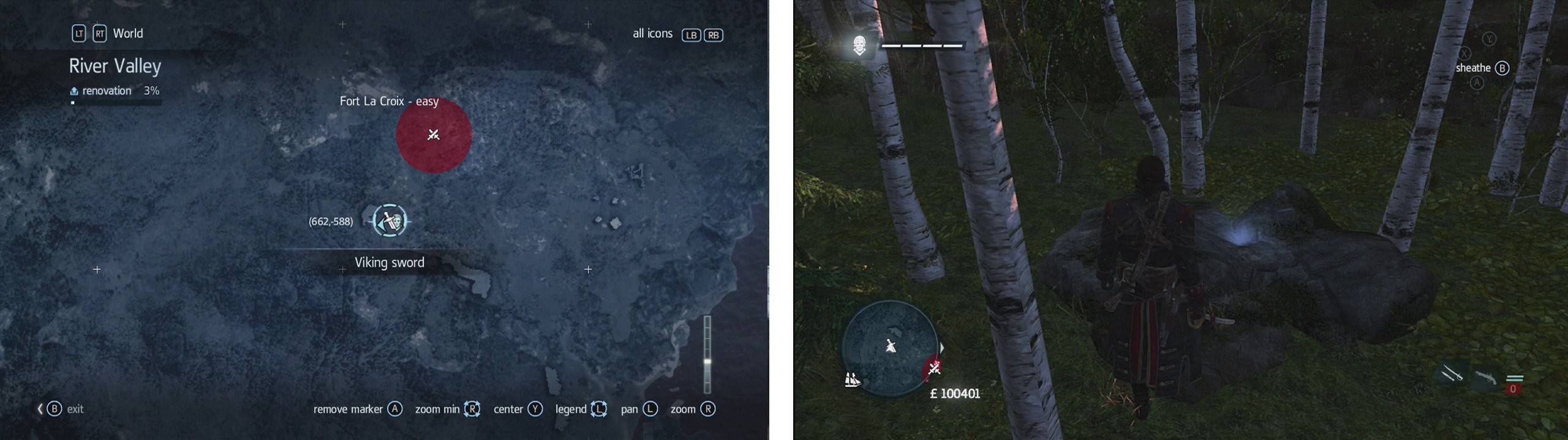 The swod icons on the map (left) indicate a Viking sword fragment. They appear in-game with a blue glow (right).