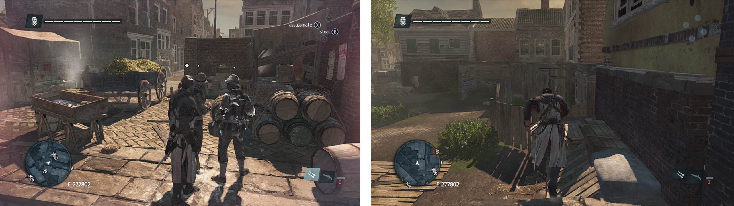 Low profile allows you to blend in with NPCs (left). High profile allows you to freerun (right).