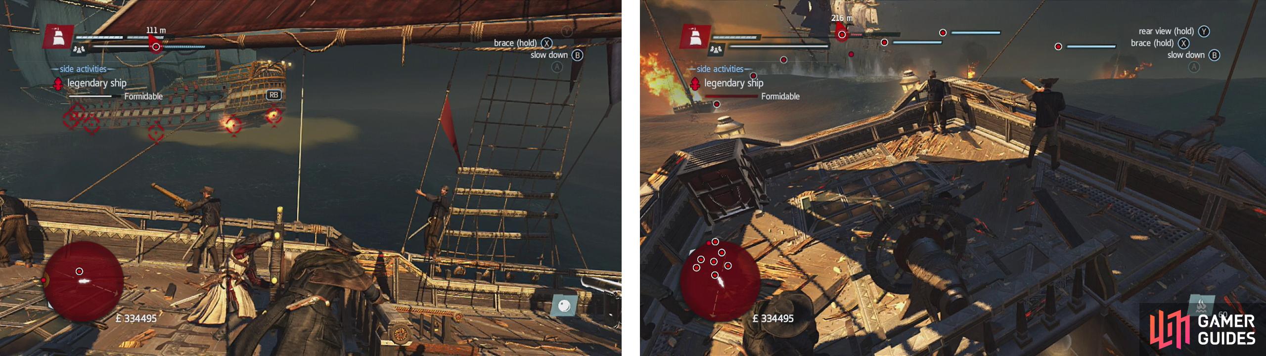 Mortars should be your first choice, but cannons work too (left). Always keep an eye out for and destroy fireships before they get you (right).