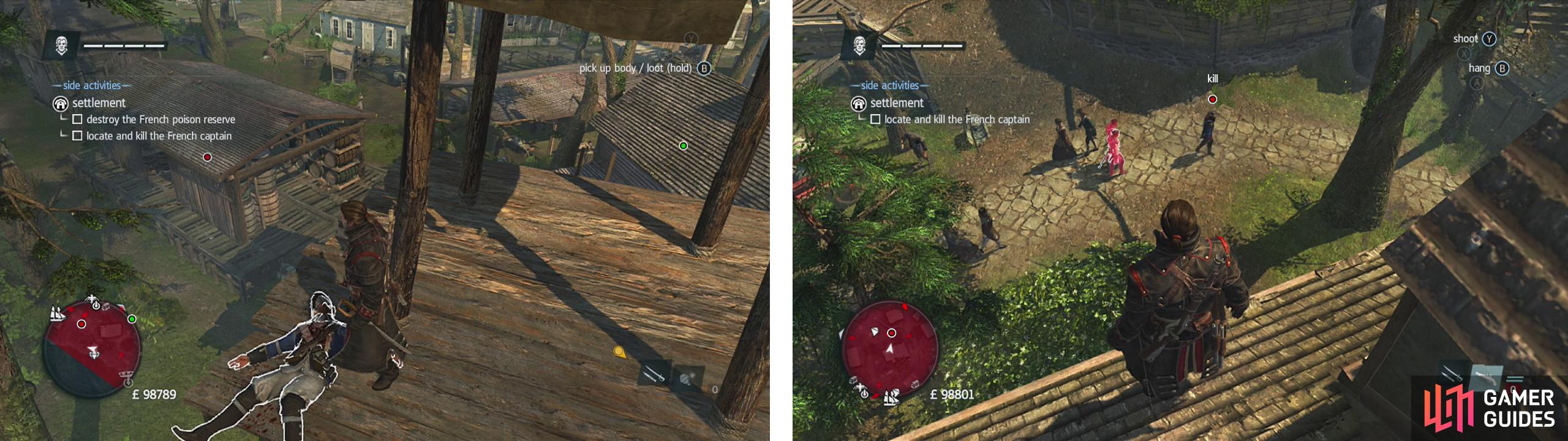 After clearing the second sniper tower, the poison barrel is in the warehouse below (left). Find the captain using eagle vision (right).