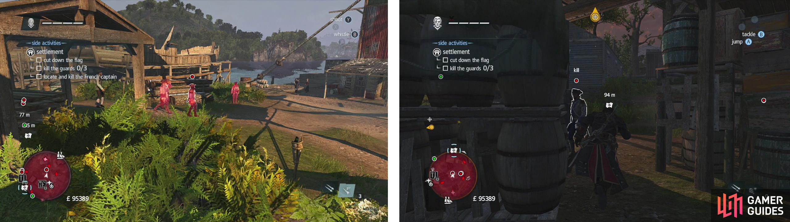 Find the captain near the docks (left). Wait for the three marked guards to split up and take them down separately (right).