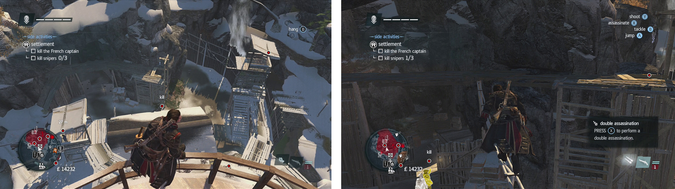 From the viewpoint you can make out the first two snipers (left). The captain patrols below them (right).