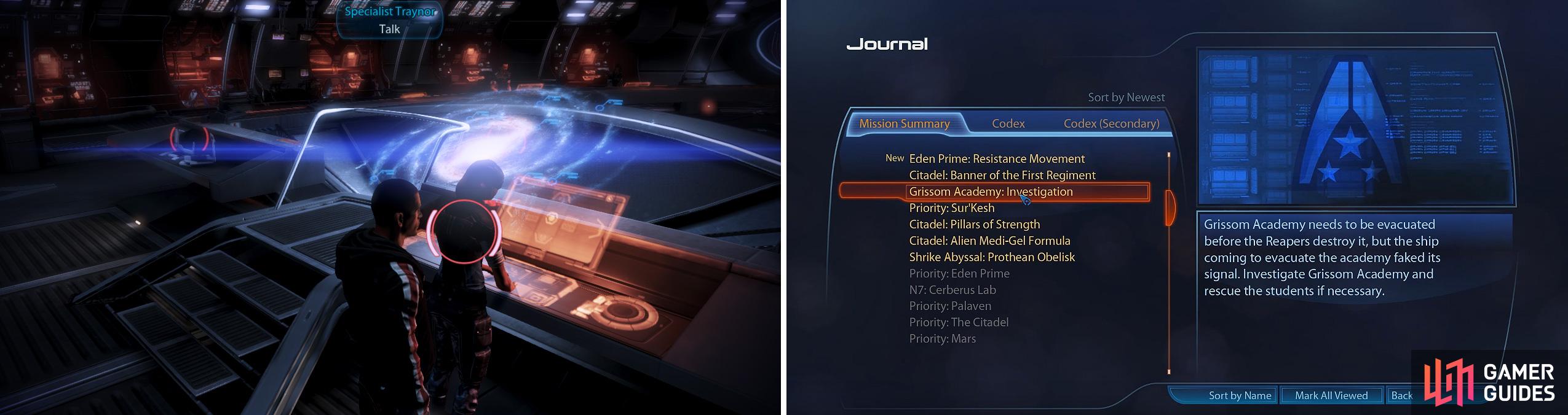 Specialist Traynor has all the details on the next mission (left). Details of it can be found in your journal (right).