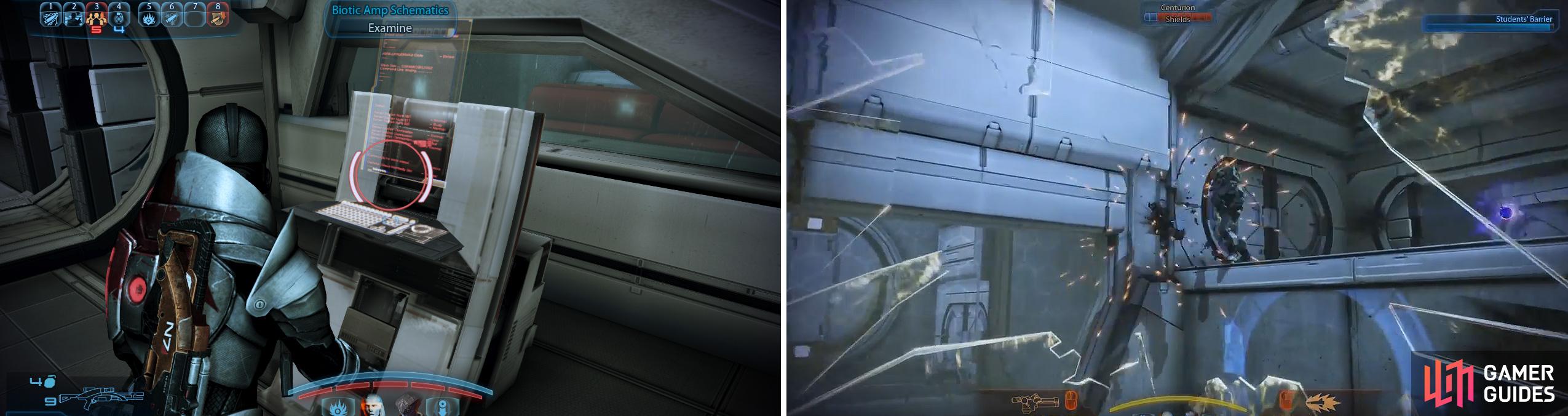 Collect the Biotic Amp Schematics (left) here. Later, when inside the Atlas (right), use the turret and ignore the melee attack unless enemies overrun you.