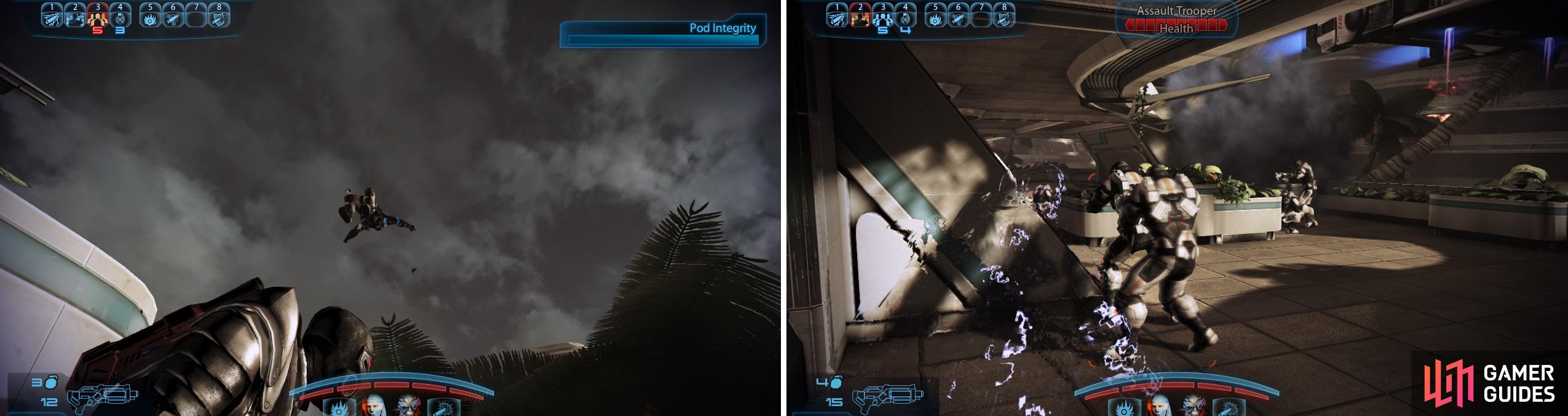 Shooting Cerberus Troops whilst they're still inside their shuttle can provide some amusing results (left). Infiltrators can use cloak to get behind the enemy and decimate their ranks (right).