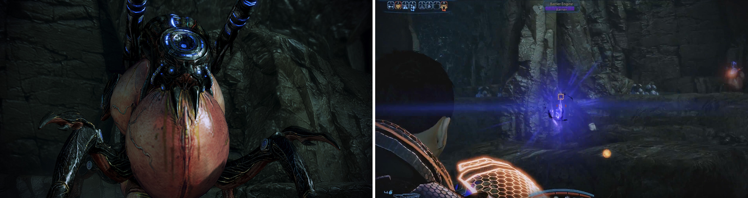 Ravagers shoot powerful lasers from their eye which will decimate shields in a hit or two (left). Look out for Barrier Nodes (right) and remove them quickly.