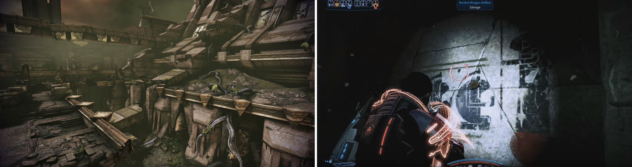 Tuchanka is a dying world filled with hostility. The perfect place for the Krogan (left). Beneath Tuchanka are catacombs filled with ancient Krogan murals (right).