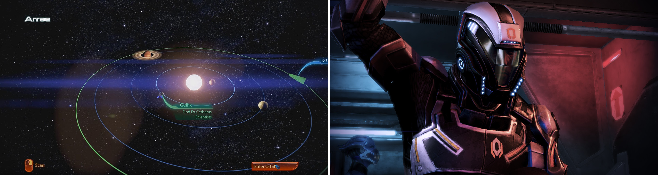 The planet Gellix (left) is where the mission takes place. The Cerberus suit (right) is a great purchase for snipers.
