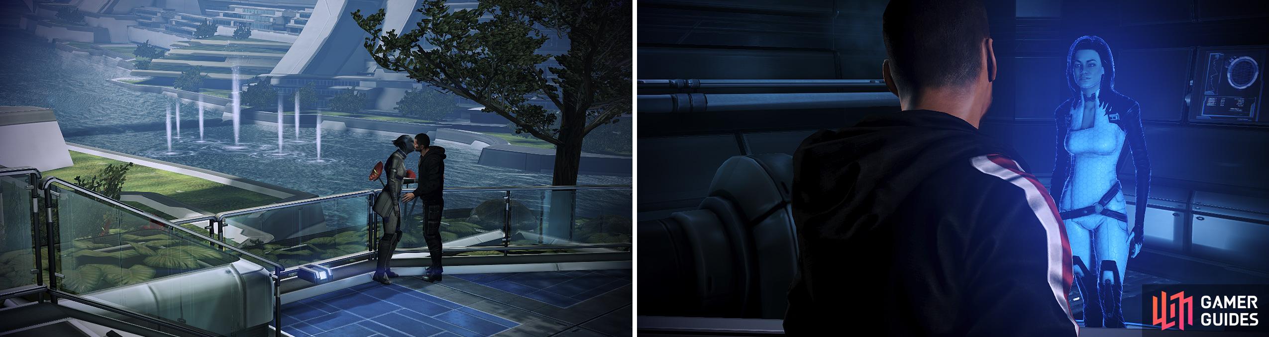 Love is in the air in the Citadel (left). Miranda can be contacted through the Spectre terminal on the Citadel as long as she is alive in your imported save (right).