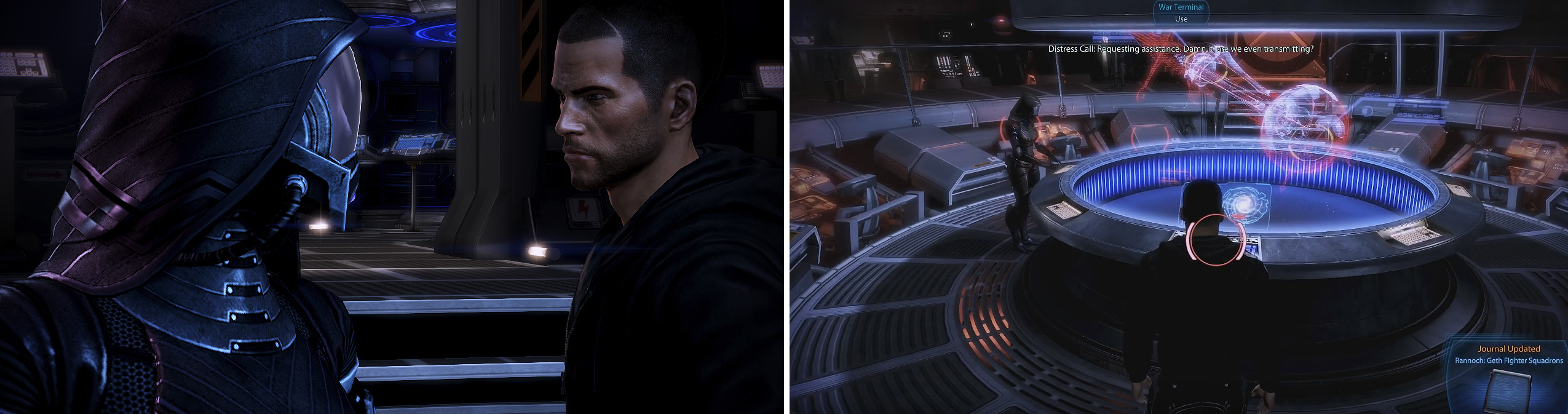 As long as she never died from an imported Mass Effect 2 save, Tali makes a welcome return to the team (left). You can use the War Terminal to unlock new missions (right).