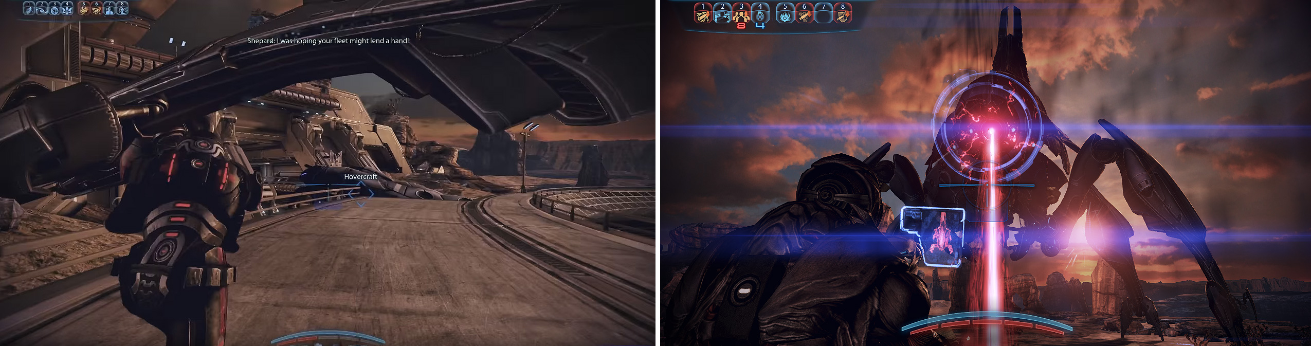 Run to the hovercraft when the Reaper appears (left). Later, dodging the laser beam can be tricky on harder difficulties so try dodging right at the last second before it hits you (right).
