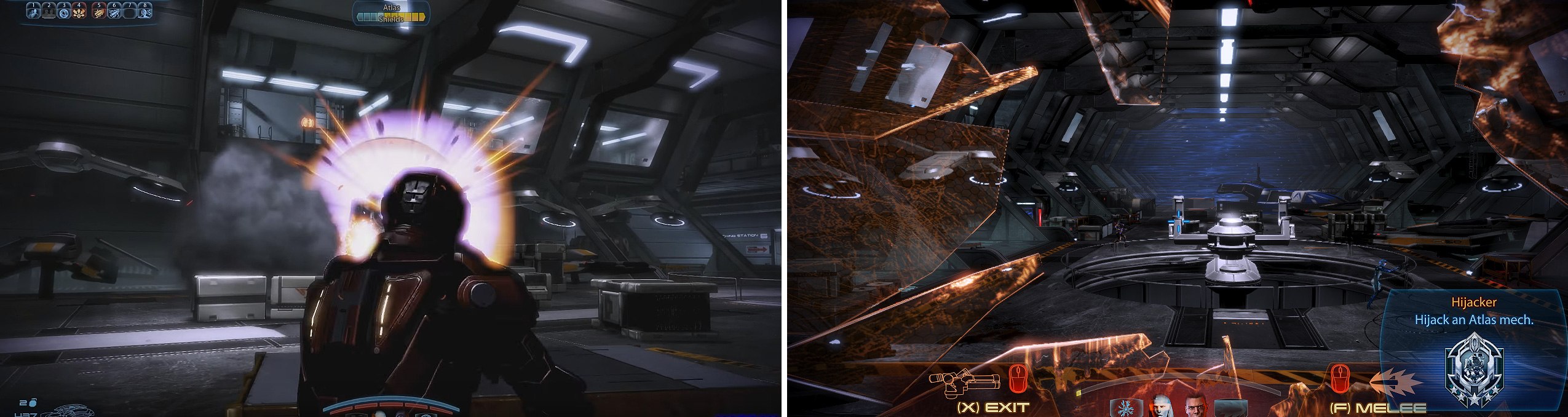 Beware the Atlas here (left). Unleash Grenades to whittle down their armor. Look for the third Atlas and try to kill the pilot before he gets inside. Hijack it for mass destruction (right).