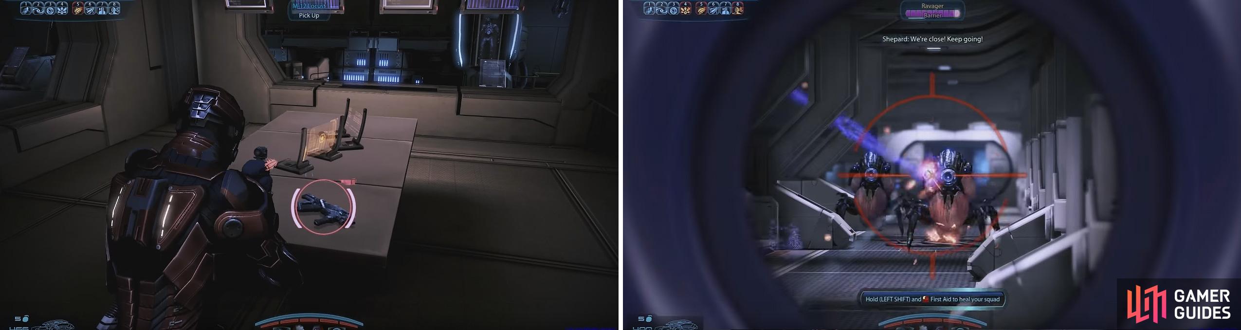 You can find the Locust on a table in the lab (left). Further on, beware of the two Ravagers next to a Reaper Barrier (right). Shoot the barrier first.