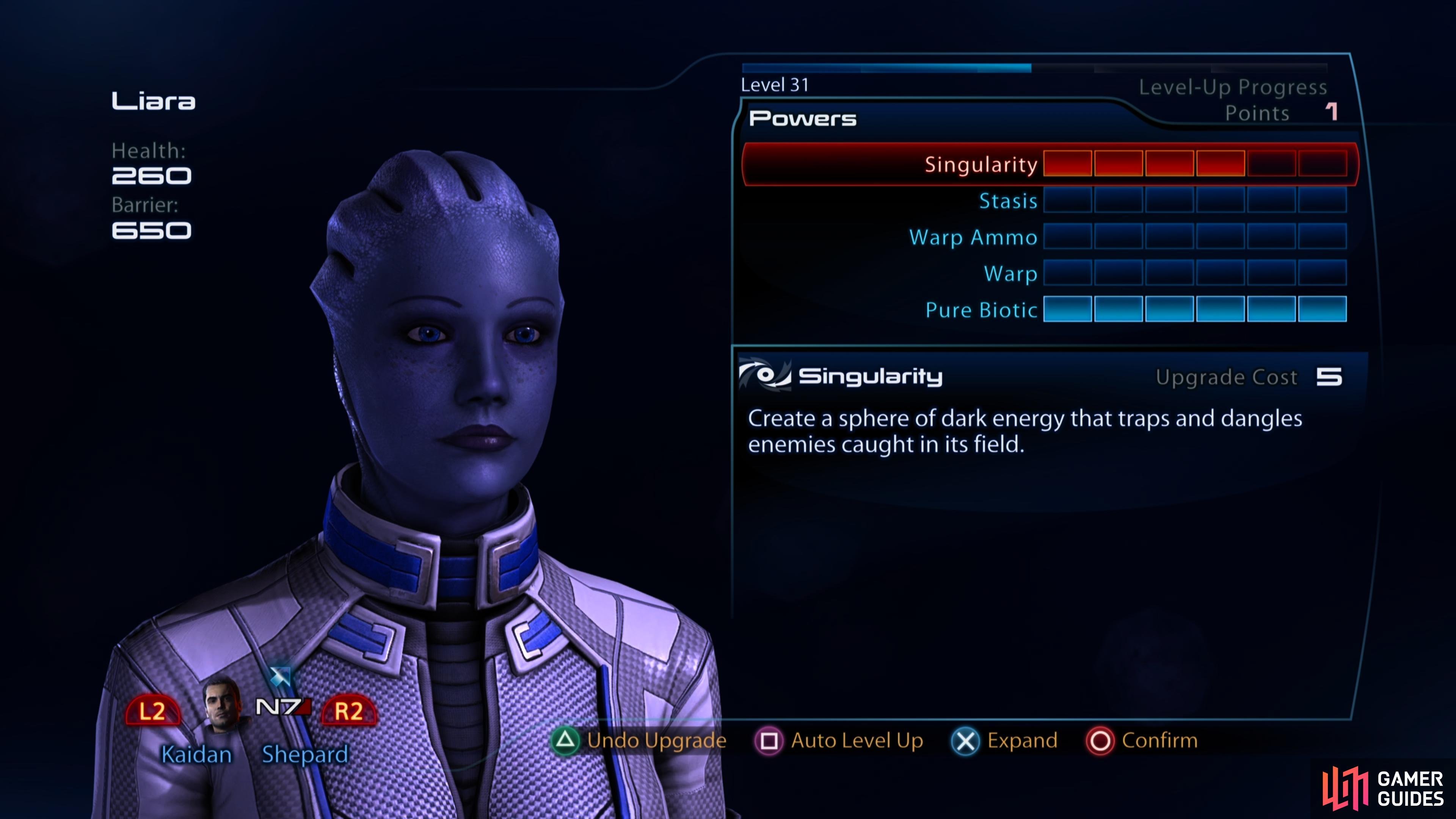 Assign her powers - it's hard to go wrong with investing points into Singularity and Pure Biotic,