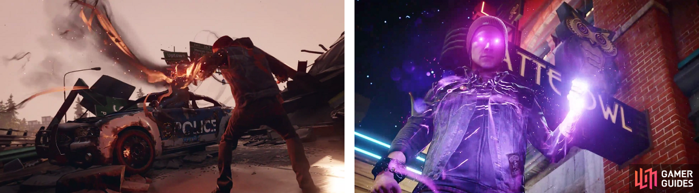 Delsin absorbing smoke from a damaged car (left), and neon from a store sign (right).
