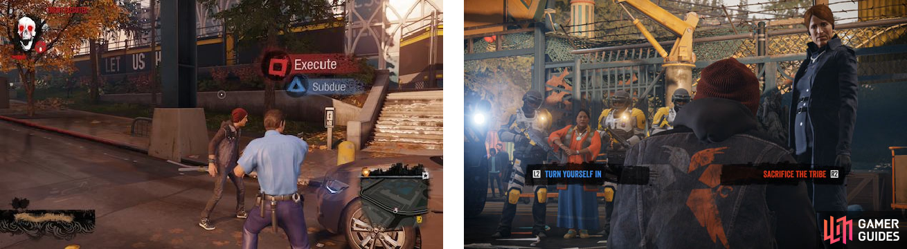 We see Delsin facing a choice in gameplay and the Evil Karma Bomb in the upper left (left), as well as one of the Karma Moments in the story (right).