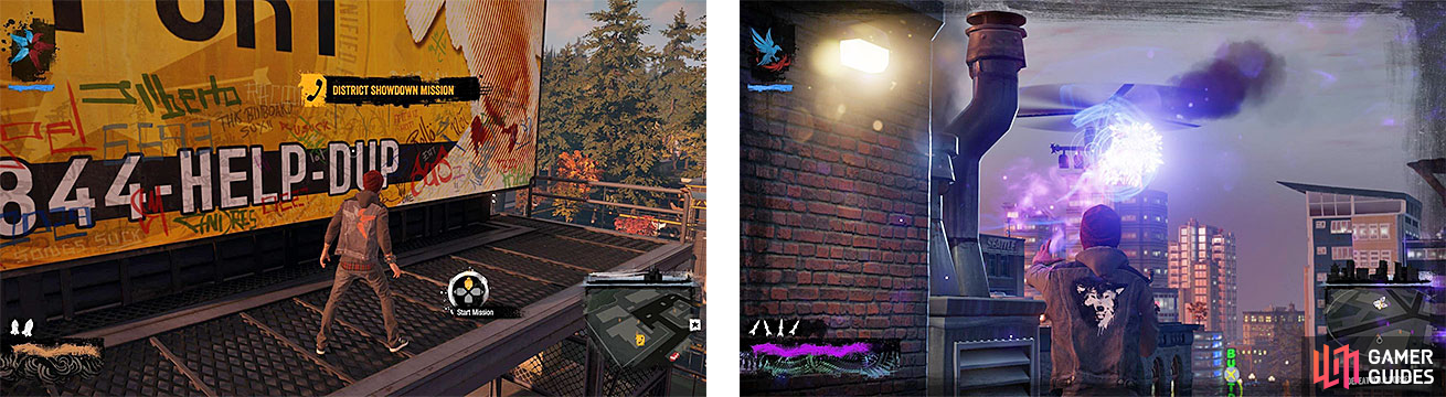 Delsin getting ready to start a District Showdown (left), and fighting a helicopter sent after him during one (right).