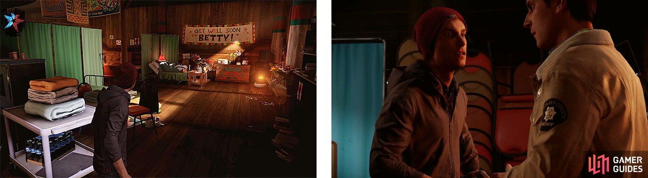 Delsin looking at an injured Betty (left), and talking with his brother about what to do next (right).