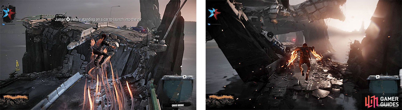 Delsin learns two new abilities while crossing the bridge, like launching from cars (left) and hovering in the air (right).