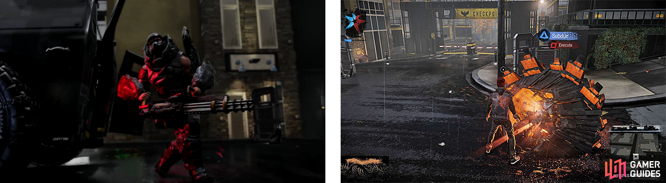An elite DUP soldier with a minigun appears (left), and shields himself when low on health (right).