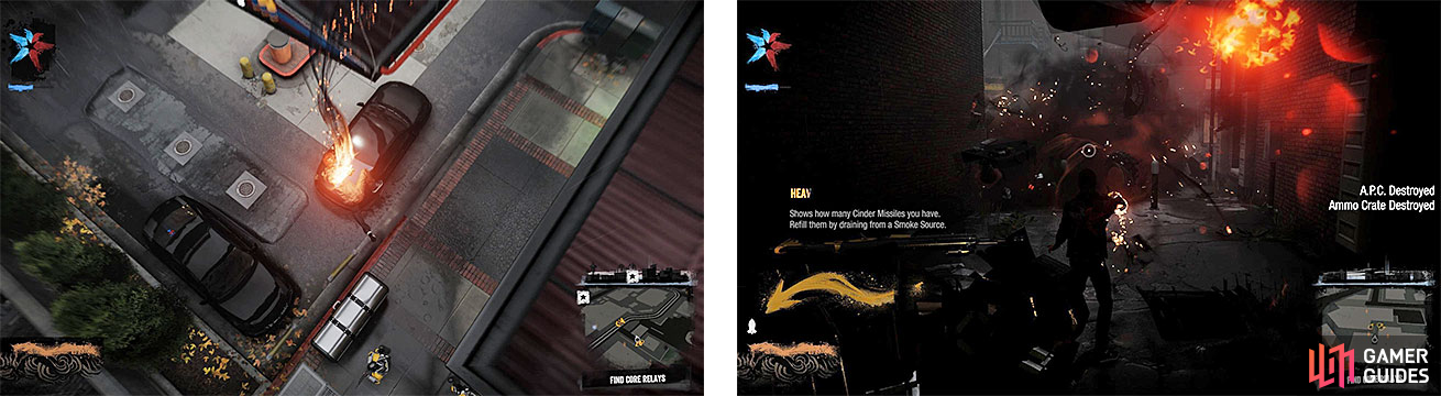 Delsin gains some new abilities, like the Comet Drop (left) and Cinder Missiles (right).