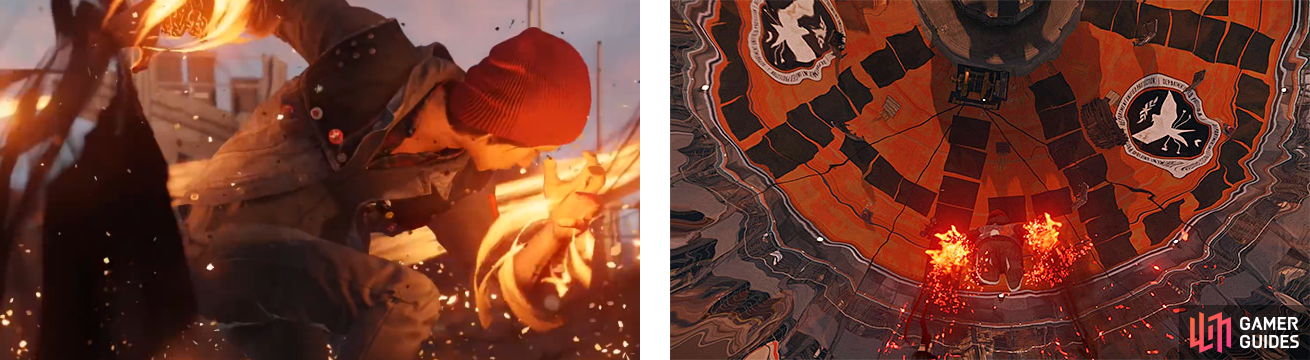 Delsin prepping the Orbital Drop (left) and about to hit the ground to cause some damage (right).