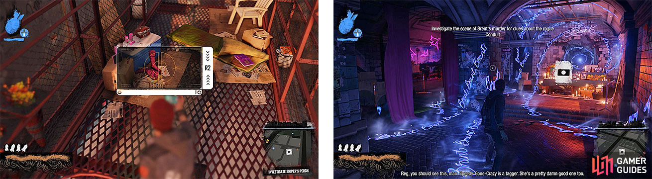 We get a look at the sniper's nest (left), as well as what looks like a shrine of some sorts (right).