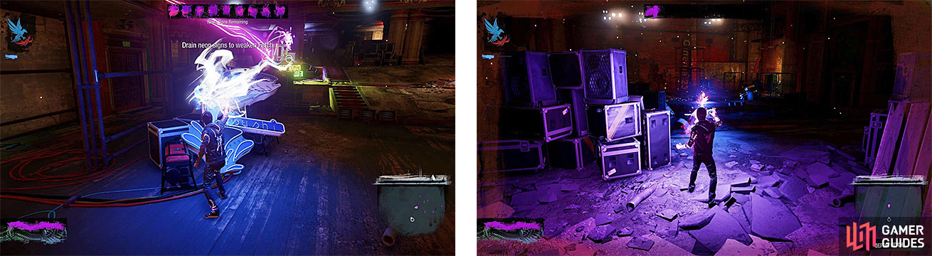 You will need to drain all the neon first (left), then you can pick Fetch off with ranged shots (right).