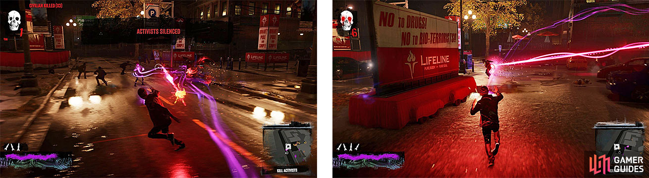 Delsin taking care of the anti-Conduit activists (left), but some DUP agents decide to come rain down on your parade (right).