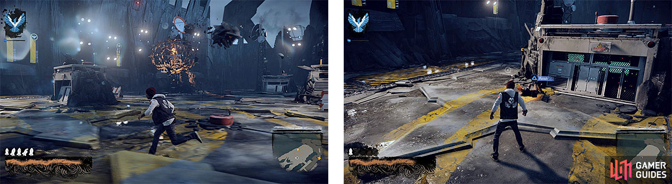 Augustine has a concrete barrier that can be destroyed with Cinder Missiles (left). Once you deal enough damage to her, she will drop to the ground and you can kick her to build up your Karma Bomb (right).