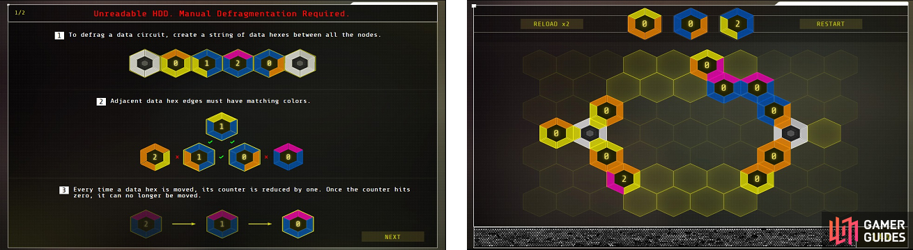 Some instructions on how to do the hex puzzles (left), as well as an example puzzle (right).