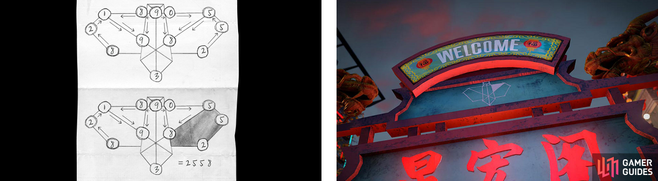 An example of a dove cipher (left), as well as one of the photos taken in-game of one of the dove markers (right).