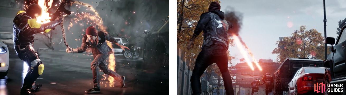 Delsins melee attack while using Smoke (left), and the regular Smoke Shot (right).