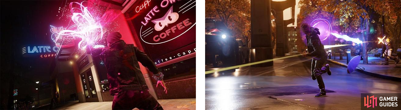 Store signs are one of the sources Delsin can use to refill his Neon energy (left). We also see his Neon Beam attack, which is the standard R2 shot (right).