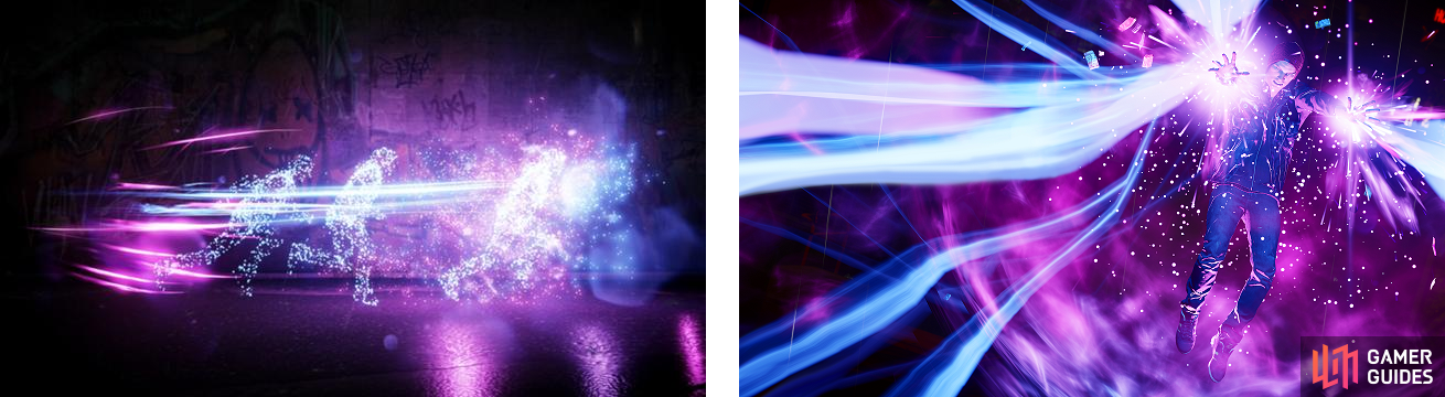 Delsin using Light Speed on the left, and unleashing the Karma Bomb for Neon, Radiant Sweep, on the right.